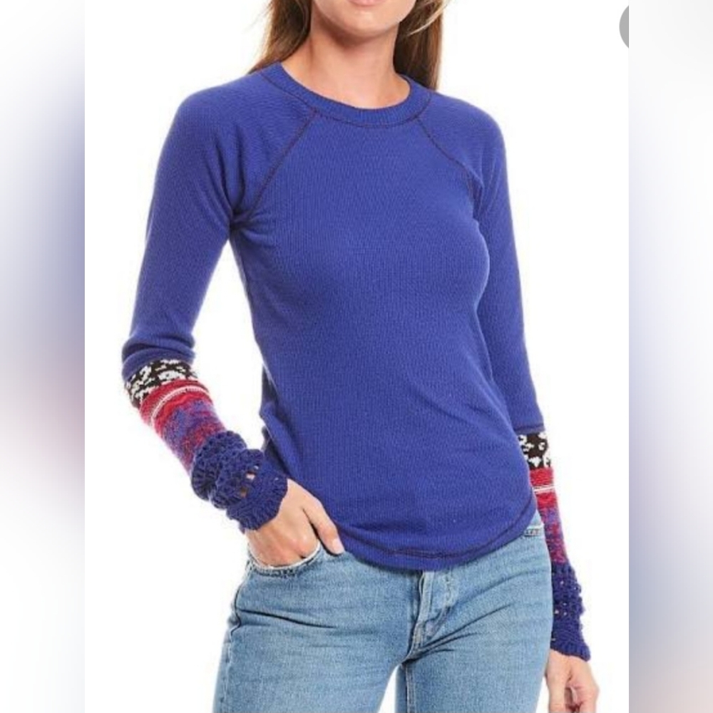 FREE PEOPLE Mix Cuff Thermal Knit top size L in Blue